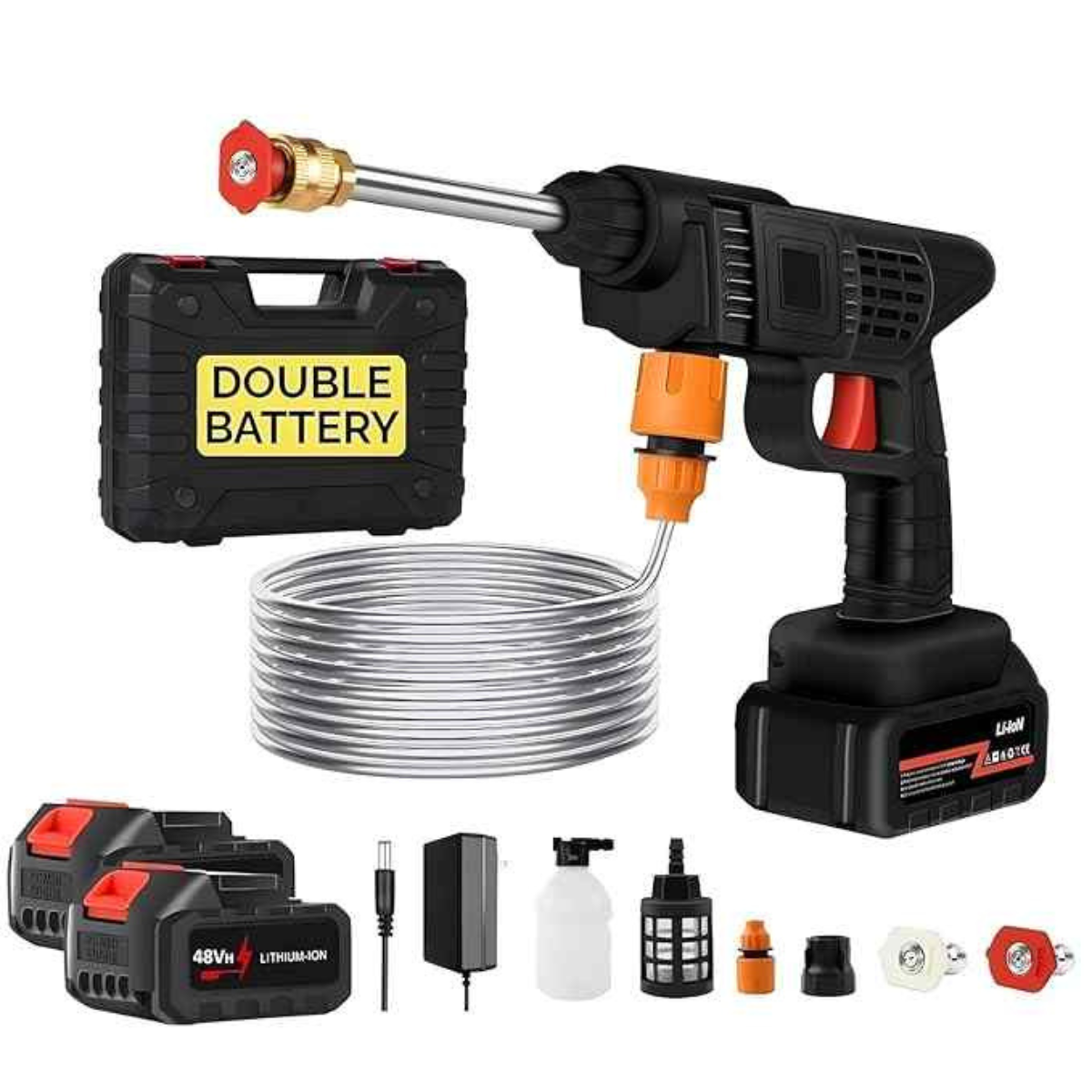 Wireless Pressure Washer Gun 48V High Pressure Water Gun for Car Wash Bike Washing Cleaning| Adjustable Nozzle and 5M Hose Pipe (Double_Battery) (Black 1)