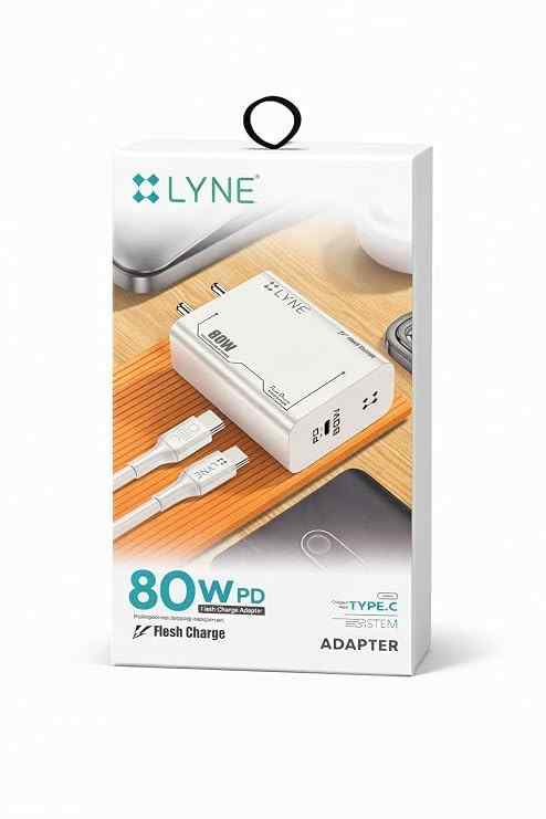 LYNE 80W PD Flash Charge Adapter with USB Type C Cable | USB C Power Delivery Wall Charger | Compatible with Samsung Xiaomi Redmi Realme Vivo Oppo Motorola iPhone 15 Series | White (Pack of 1)
