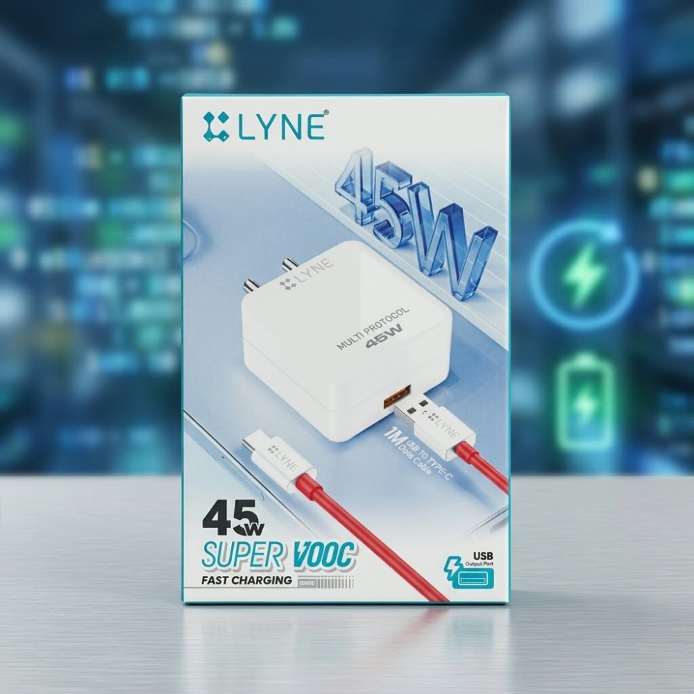 LYNE 45W Multi Protocol Super VOOC Fast Charging Adapter with 1M USB to Type-C Data Cable