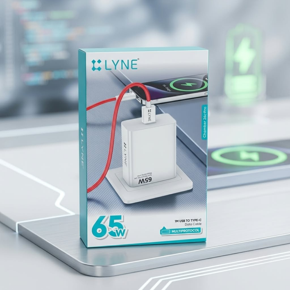 LYNE 65W Multiprotocol Fast Charging Adapter with 1M USB to Type-C Data Cable