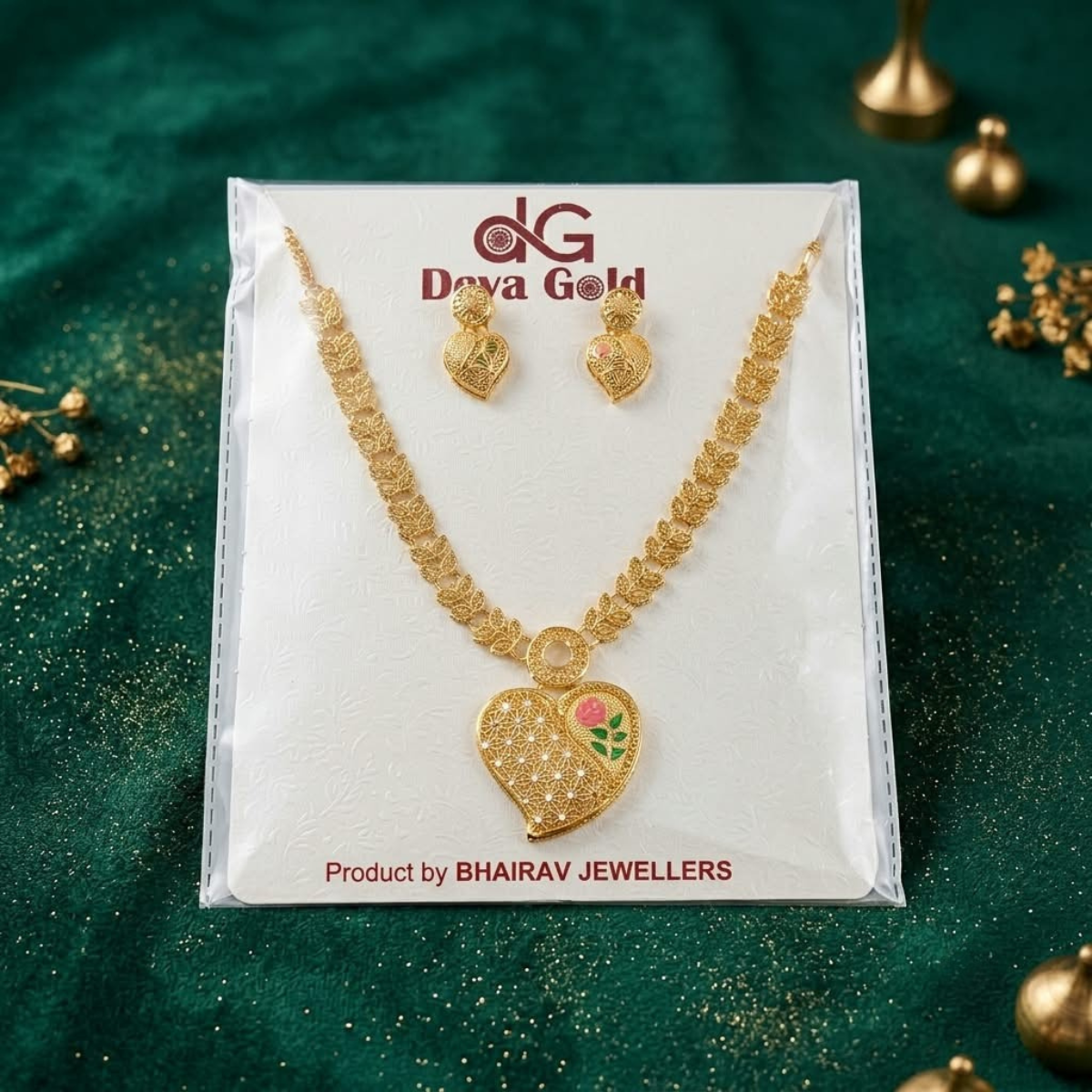  Gold-Plated Leaf Chain Necklace Set with Floral Enamelled Heart Pendant & Matching Earrings